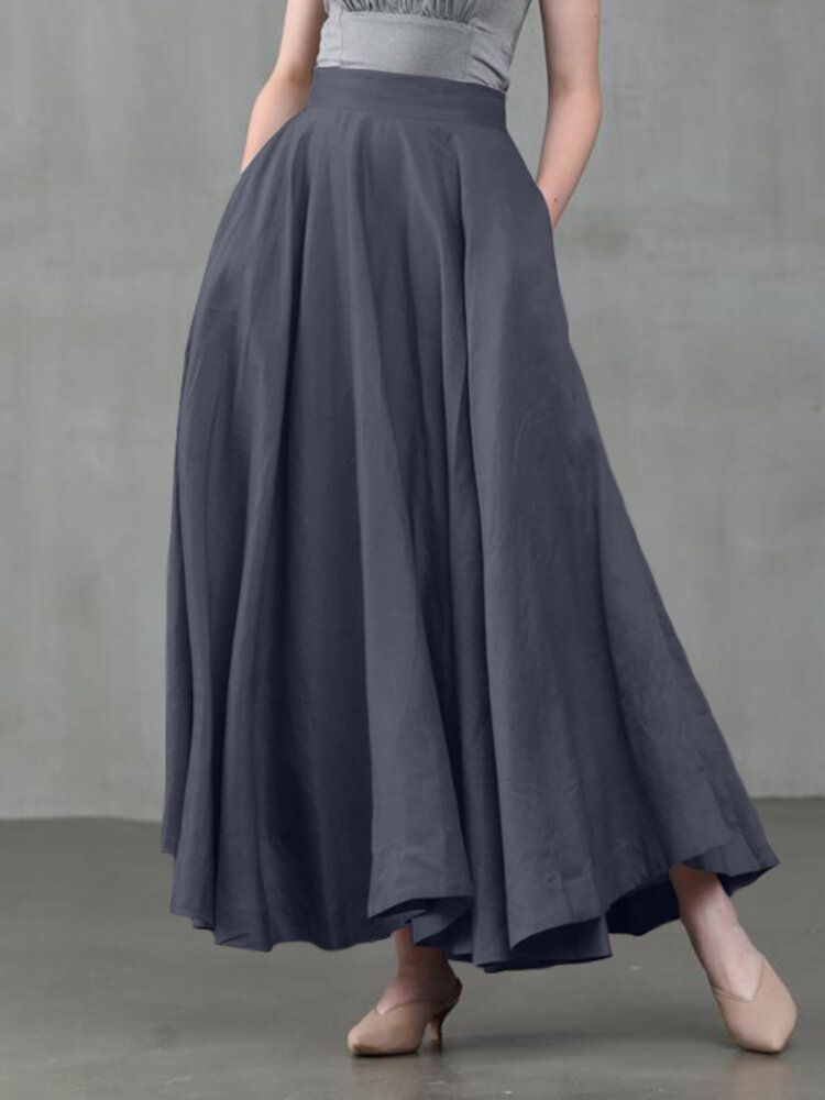 Kobiety Solid Color Back Zip Plisowane Spódnice Huśtawka Z Kieszeni