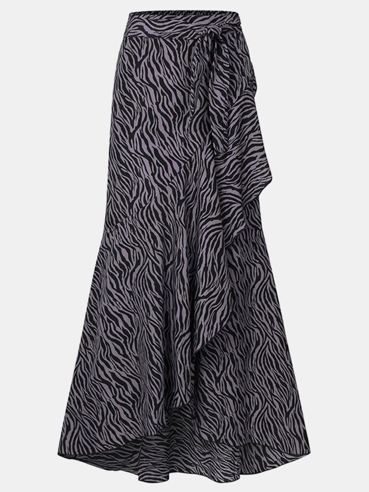 Kobiety Zebra Print Asymetryczne Ruffle Wiązane Spódnice Z Wysokim Stanem