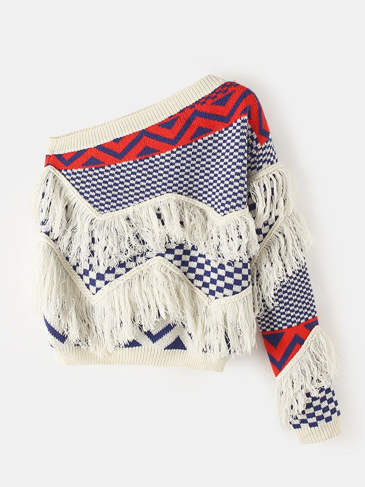 Damski Sweter Z Dzianinowym Szwem Na Jedno Ramię Z Frędzlami