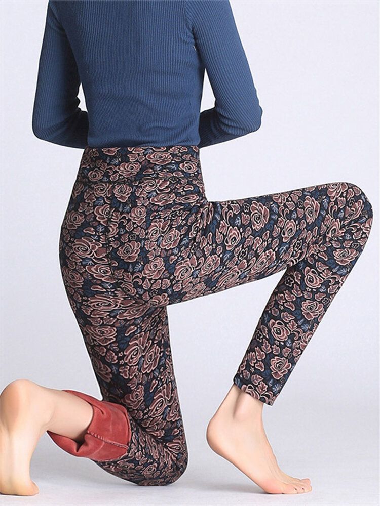 Legginsy Z Nadrukiem W Kwiaty Ze Stretchem I Zagęszczeniem