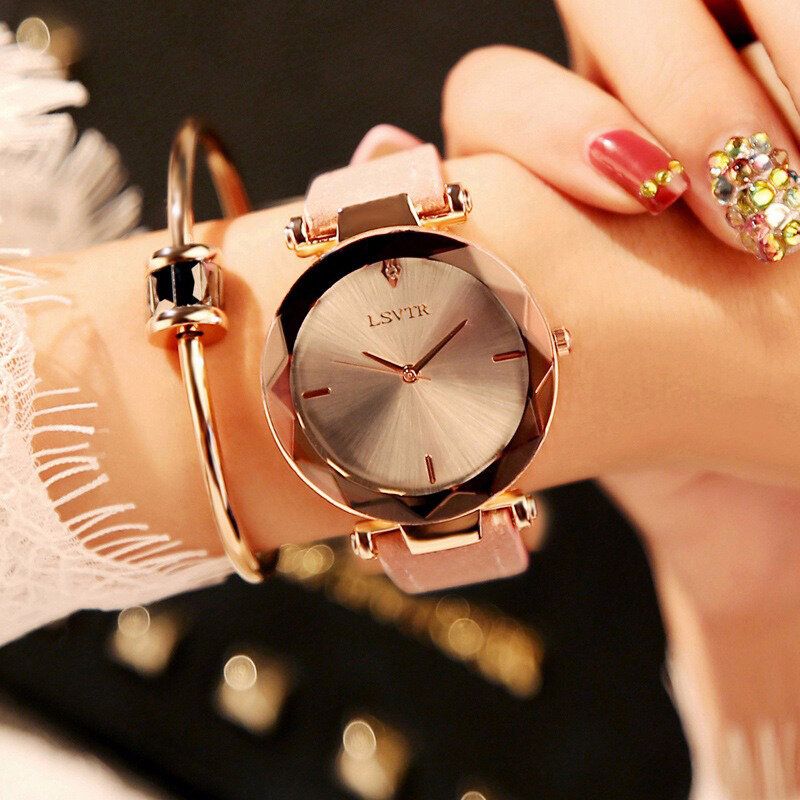Casual Fashion Diamond Pattern Dial Rhinestone Pu Skórzany Pasek Damski Zegarek Kwarcowy