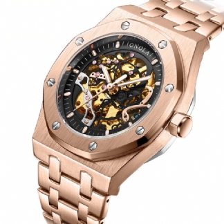 Fashion Męskie Automatyczny Zegarek Hollow Dial Pasek Ze Stali Nierdzewnej Wodoodporny Biznesowy Zegarek Mechaniczny