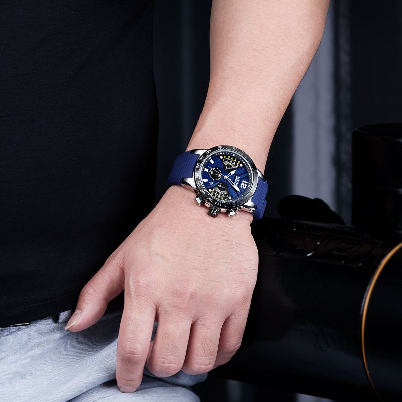 Luminous Dial Kalendarz Chronograf Pasek Silikonowy Męski Wodoodporny Sportowy Zegarek Kwarcowy