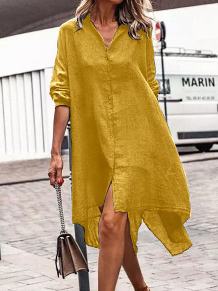 Kobiety Solid Color Lapel Brak Rozcięcie Luźna Sukienka Koszula