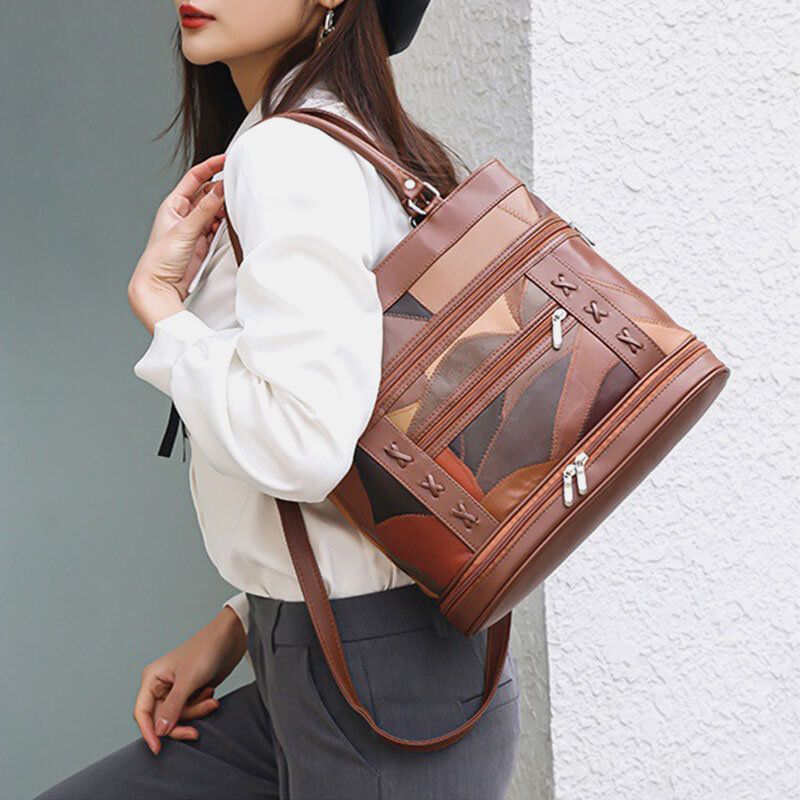 Kobiety Prawdziwej Skóry Geometryczny Wzór Dopasowanie Kolorów Vintage Duża Pojemność Torebki Torba Na Ramię Torby Crossbody