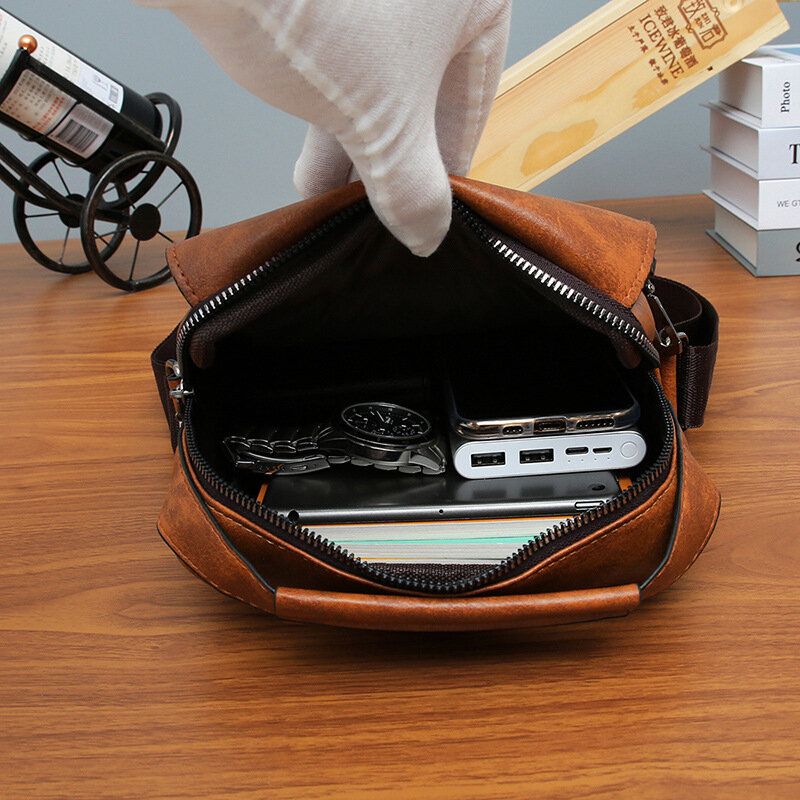 Mężczyźni Pu Leather Vintage Texture Duża Pojemność Zipper Decor Crossbody Torby Torba Na Ramię Torebka