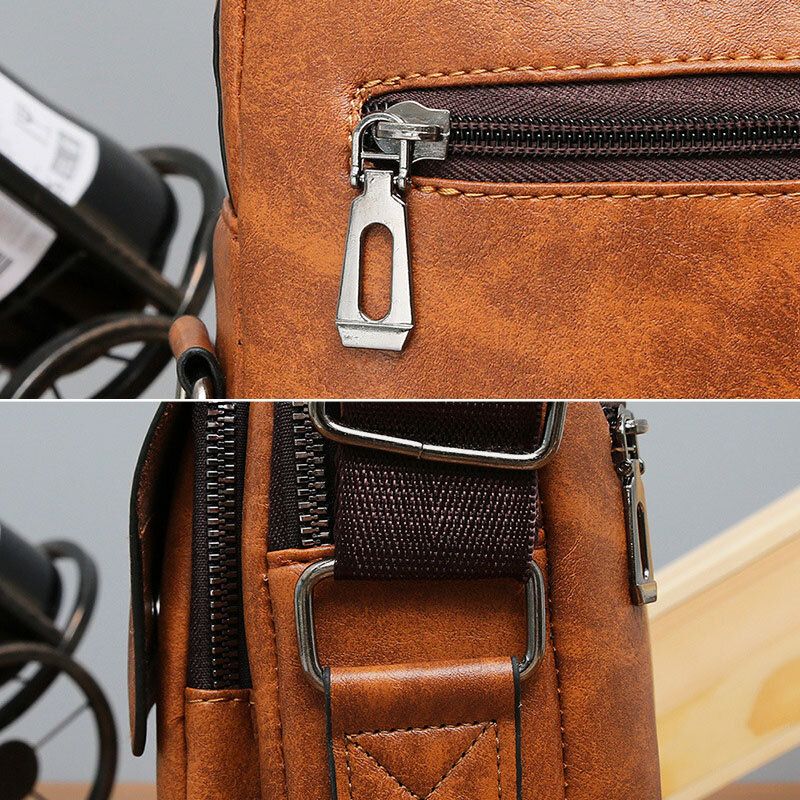 Mężczyźni Pu Leather Vintage Texture Duża Pojemność Zipper Decor Crossbody Torby Torba Na Ramię Torebka