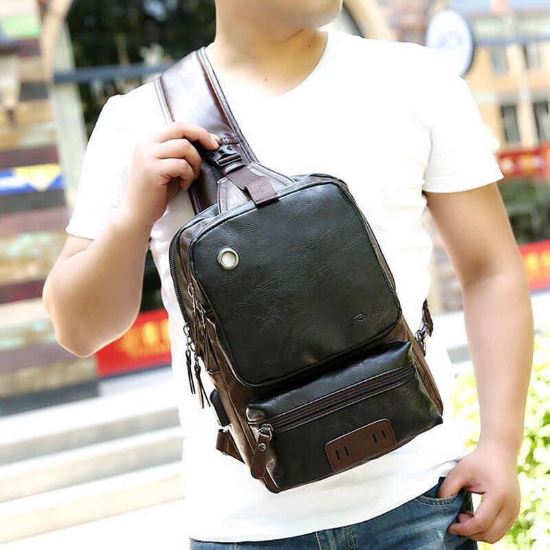 Mężczyźni Pu Leather Vintage Wielofunkcyjny Otwór Na Słuchawki Usb Ładowanie Crossbody Torby Torba Na Klatkę Piersiową Sling Bag