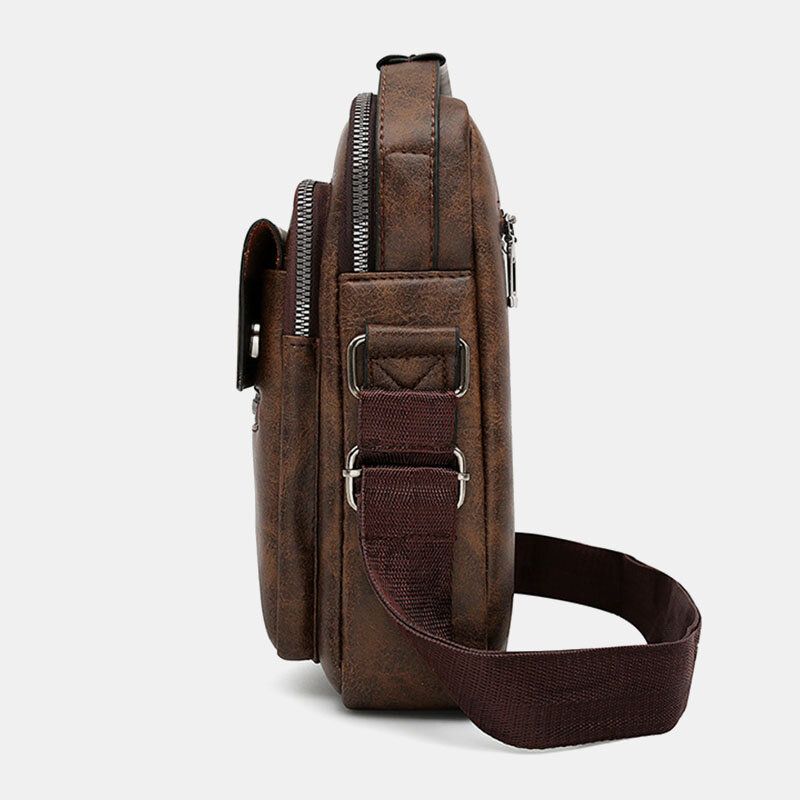 Mężczyźni Tekstura Zipper Decor Crossbody Torba Pu Skóra Vintage Multi-kieszeni Torba Na Ramię Torebka