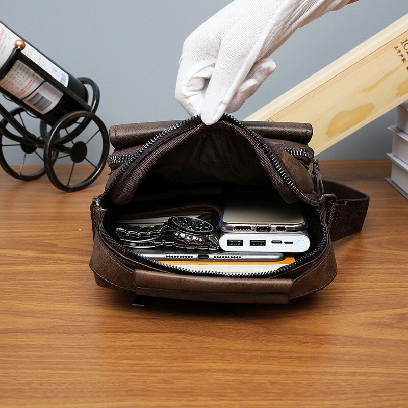 Mężczyźni Tekstura Zipper Decor Crossbody Torba Pu Skóra Vintage Multi-kieszeni Torba Na Ramię Torebka