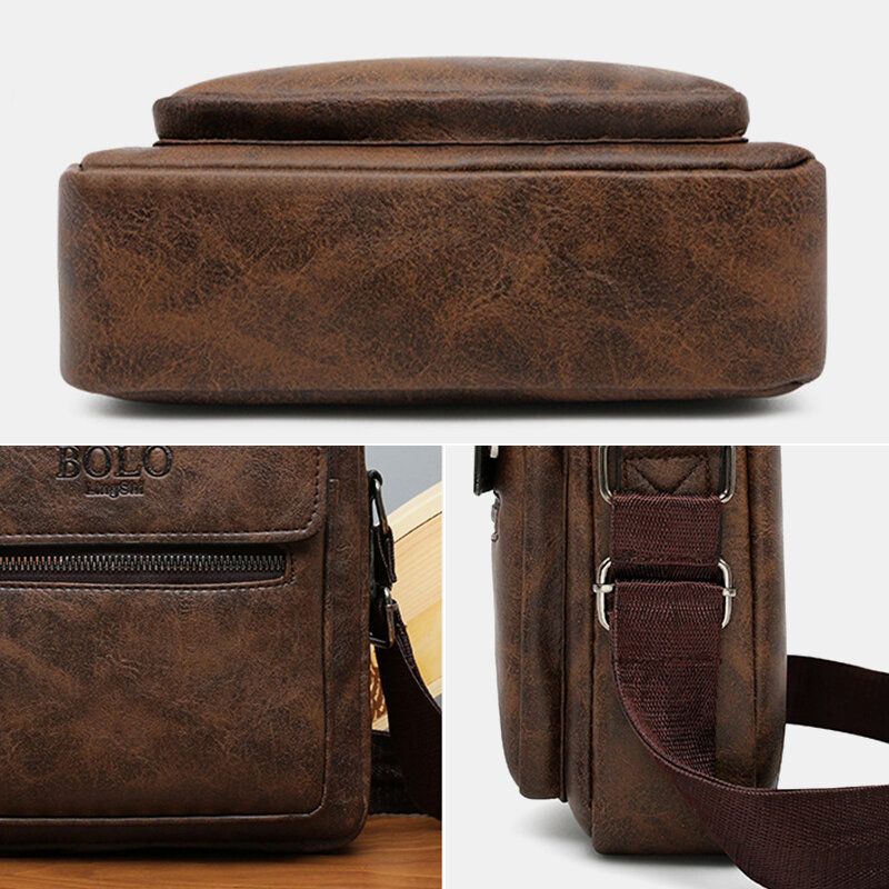 Mężczyźni Tekstura Zipper Decor Crossbody Torba Pu Skóra Vintage Multi-kieszeni Torba Na Ramię Torebka