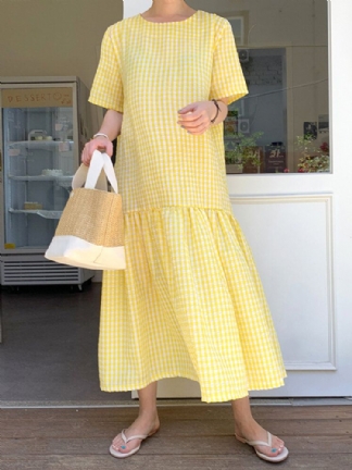 Casual Plaid O-neck Pół Rękaw Bohemia Holiday Plain Maxi Dress