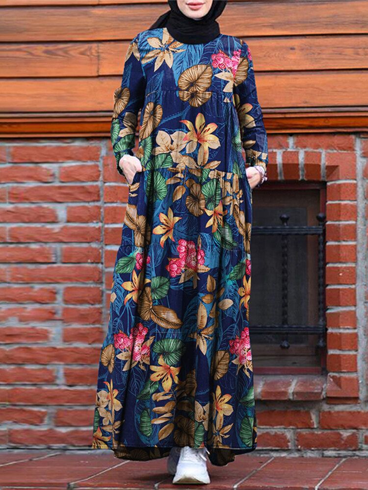Kobiety Casual Robe Kaftan Floral Luźna Sukienka Z Długim Rękawem Z Bocznymi Kieszeniami