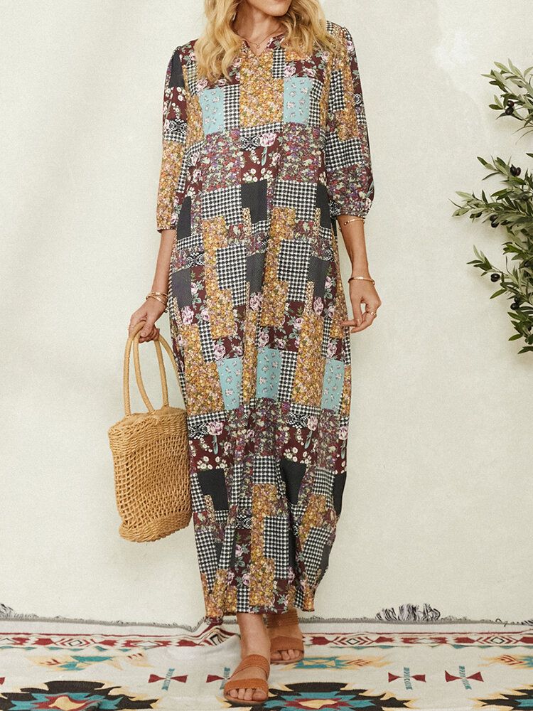 Kobiety Colorblock Floral Plaid Print Vintage Maxi Sukienka Z Kieszenią