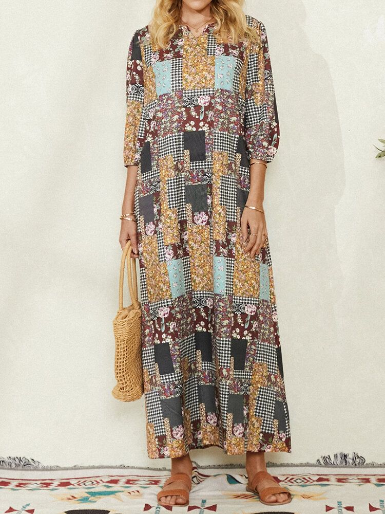 Kobiety Colorblock Floral Plaid Print Vintage Maxi Sukienka Z Kieszenią
