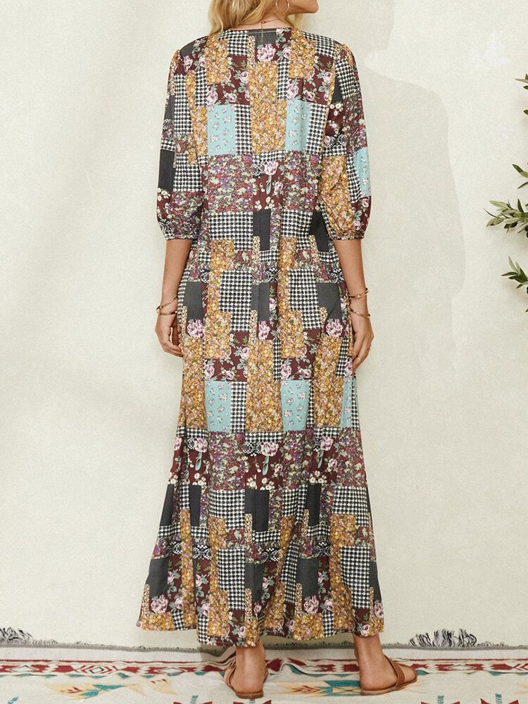Kobiety Colorblock Floral Plaid Print Vintage Maxi Sukienka Z Kieszenią