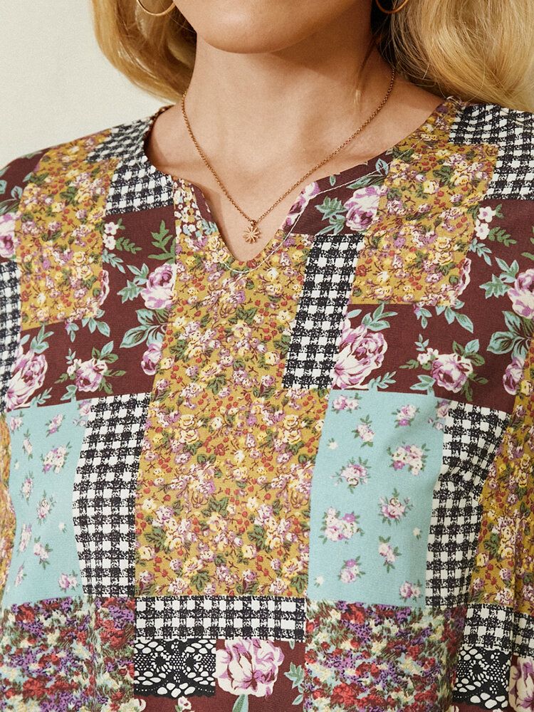 Kobiety Colorblock Floral Plaid Print Vintage Maxi Sukienka Z Kieszenią