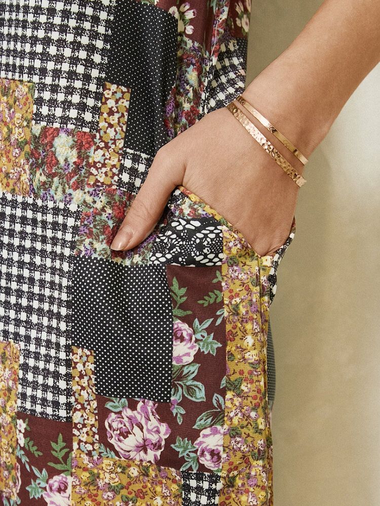 Kobiety Colorblock Floral Plaid Print Vintage Maxi Sukienka Z Kieszenią