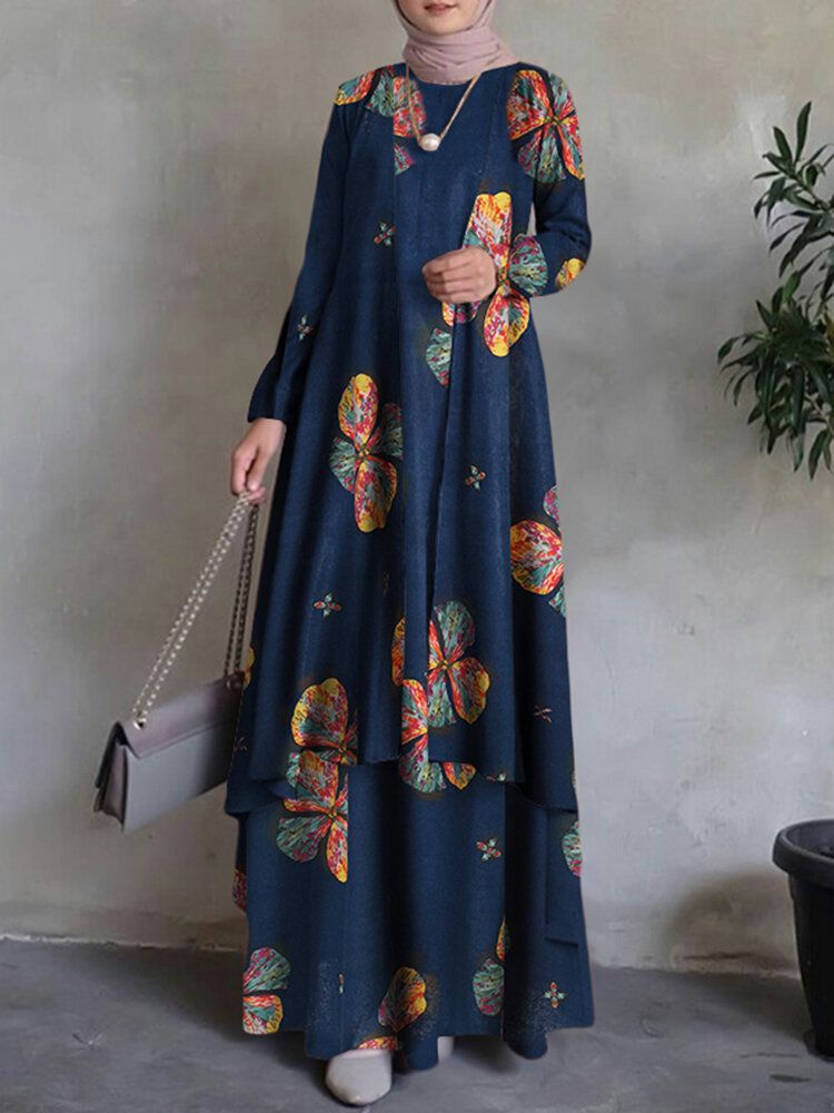Kobiety Kaftan Tunika 100% Bawełna Dwuwarstwowa Konstrukcja Rozrywka Kwiatowa Sukienka Maxi