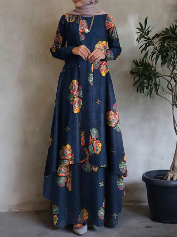 Kobiety Kaftan Tunika 100% Bawełna Dwuwarstwowa Konstrukcja Rozrywka Kwiatowa Sukienka Maxi