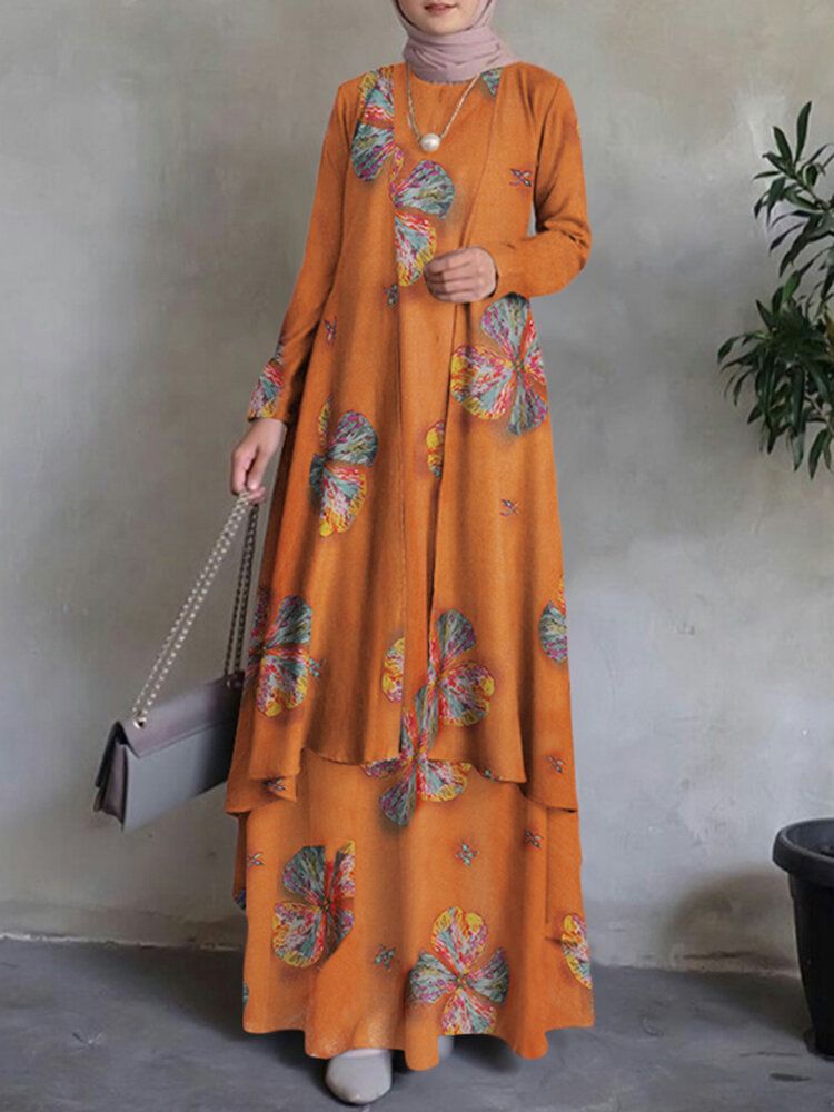 Kobiety Kaftan Tunika 100% Bawełna Dwuwarstwowa Konstrukcja Rozrywka Kwiatowa Sukienka Maxi