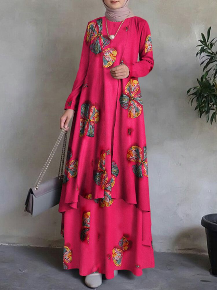 Kobiety Kaftan Tunika 100% Bawełna Dwuwarstwowa Konstrukcja Rozrywka Kwiatowa Sukienka Maxi