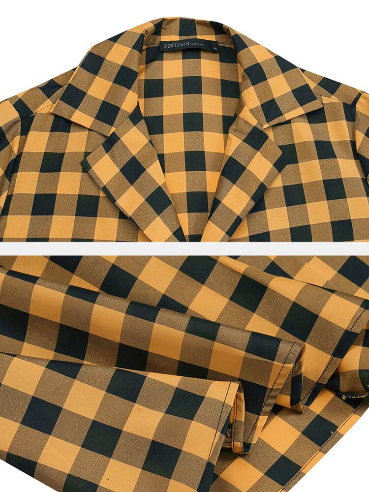 Kobiety Plaid Print Lapel Z Długim Rękawem Casual Maxi Koszule Sukienki Z Kieszenią