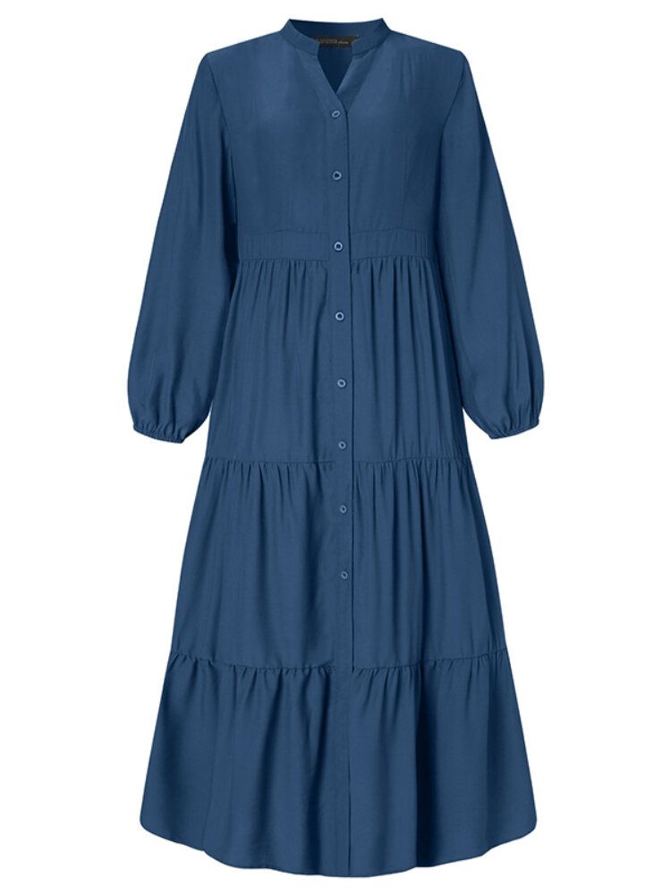 Kobiety Solid Color O-neck Plisy Łączona Sukienka Warstwowa Kaftan Robe