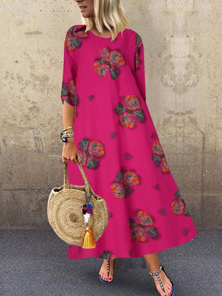 Kobiety W Kwiatowy Wzór Z Okrągłym Dekoltem 3/4 Rękawy W Stylu Boho W Stylu Vintage Sukienki Maxi