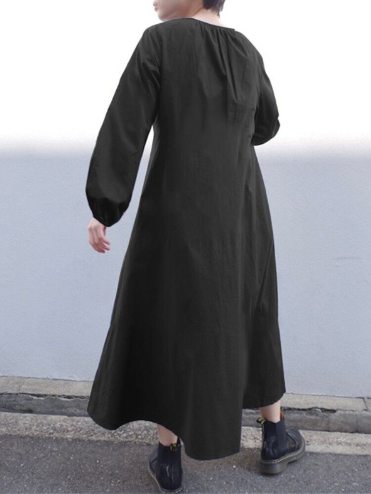 Kobiety Z Dekoltem W Szpic Łączenie Z Bufiastymi Rękawami Luźne Sukienki Maxi Z Bocznymi Kieszeniami