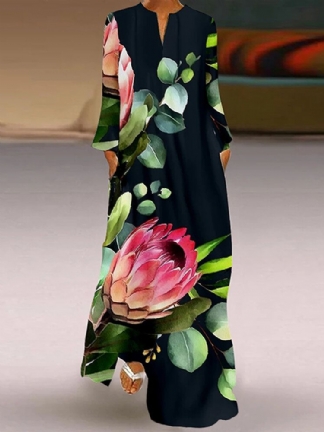 Natura V-neck Floral Printed Fashion Europejska Retro Luźna Sukienka