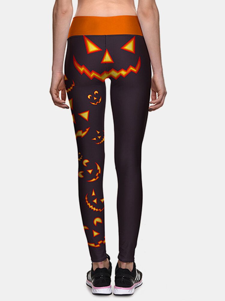 Kobiety Halloween Side Pumpkin Print Wysoka Talia Slim Sport Pants