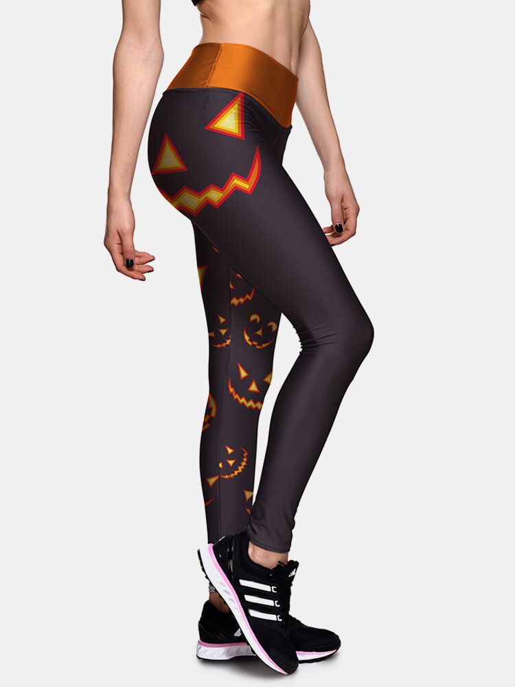 Kobiety Halloween Side Pumpkin Print Wysoka Talia Slim Sport Pants