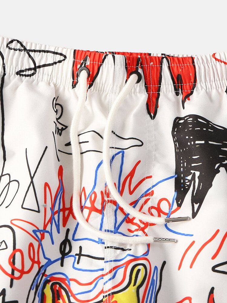 Męskie Śmieszne Graffiti Print Quick Dry Mesh Liner Pocket Casual Luźne Spodenki Na Deskę