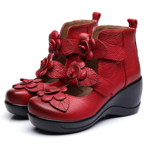 Kobiety Prawdziwej Skóry Kwiat Retro Hook Loop Buty Platporm