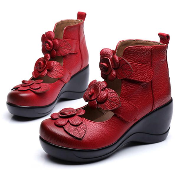 Kobiety Prawdziwej Skóry Kwiat Retro Hook Loop Buty Platporm