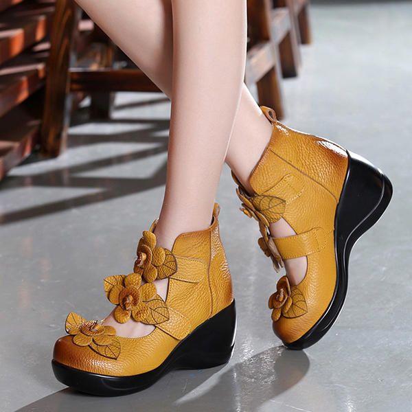 Kobiety Prawdziwej Skóry Kwiat Retro Hook Loop Buty Platporm