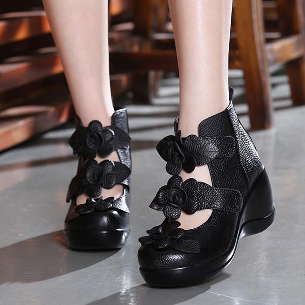 Kobiety Prawdziwej Skóry Kwiat Retro Hook Loop Buty Platporm