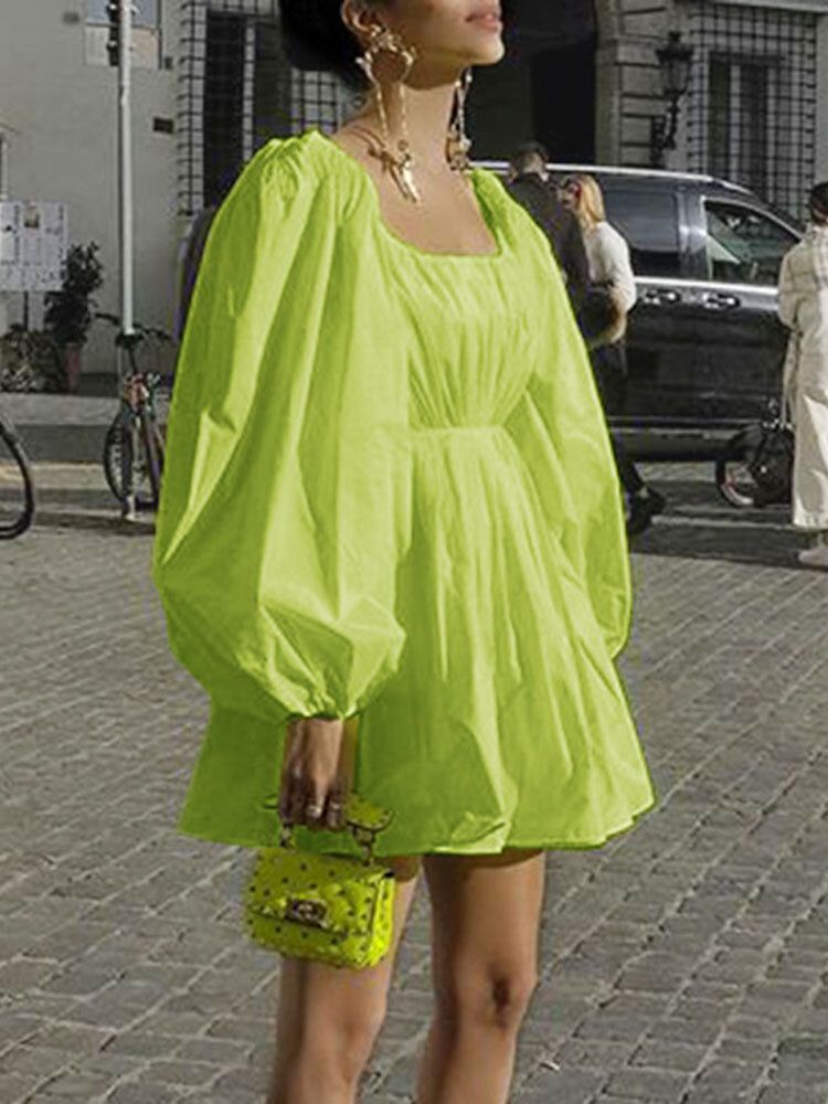 Kobiety Pure Color Kwadratowy Dekolt Plisowany Casual Mini Sukienki Z Bufiastymi Rękawami