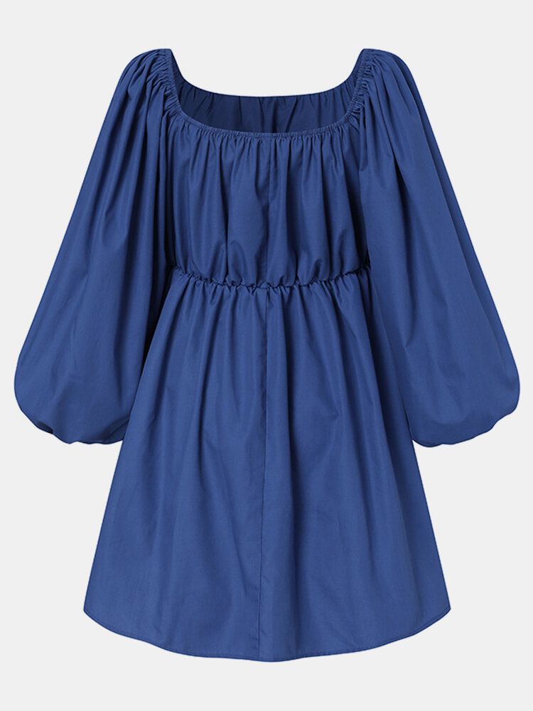Kobiety Pure Color Kwadratowy Dekolt Plisowany Casual Mini Sukienki Z Bufiastymi Rękawami