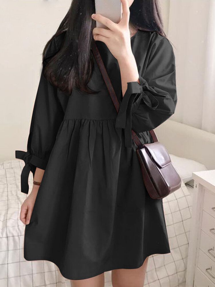 Kobiety Solid Color Plisowana Wiązana 3/4 Rękawa O-neck Casual Codzienna Luźna Mini Sukienka