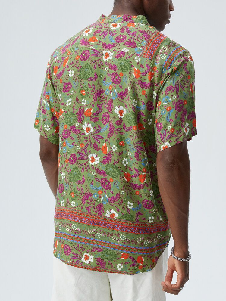 Męski Kwiatowy Wzór Paisley Ze Stójką Etniczne Koszule Henley Z Krótkim Rękawem