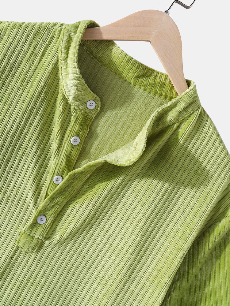 Sztruksowe Męskie Jednokolorowe Koszule Z Krótkim Rękawem Casual Henley