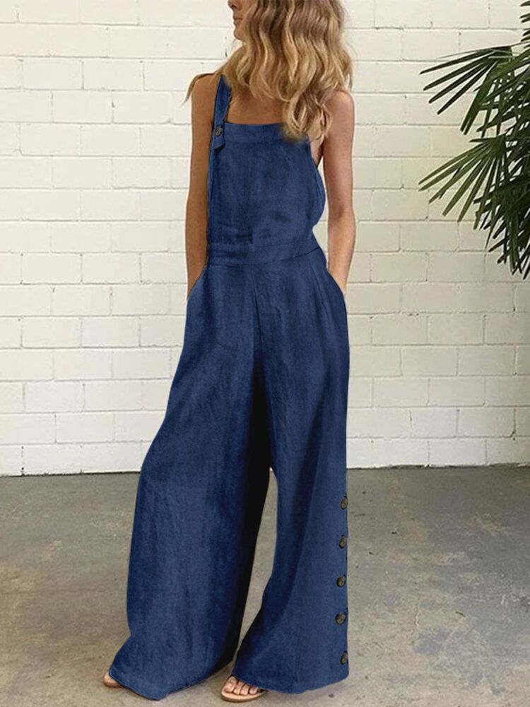 Kobiety Denim Solid Color Button Luźne Kombinezony Casual Kombinezony Z Szeroką Nogawką