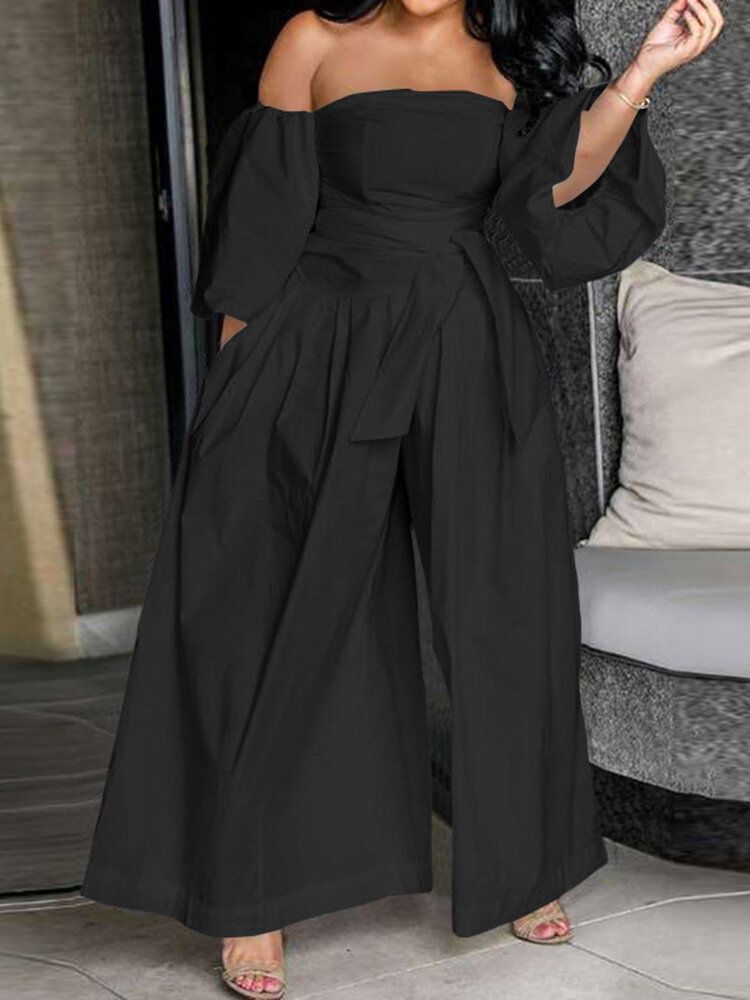 Kobiety Solid Off Shoulder Lace Up Casual Kombinezony Z Szeroką Nogawką Z Kieszenią