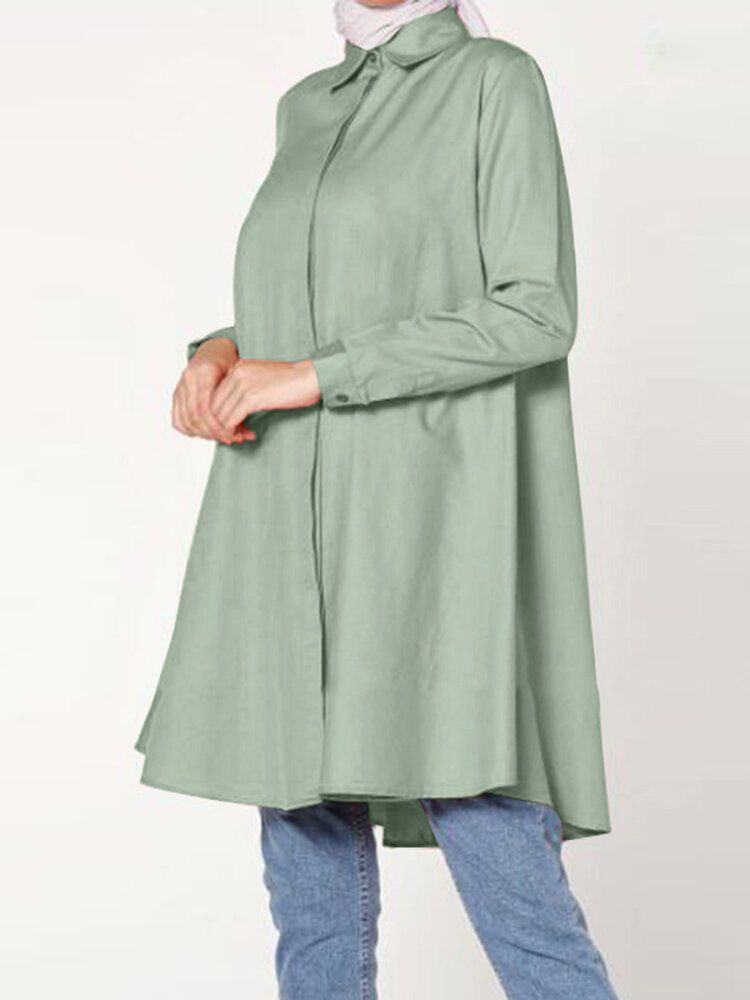 Kobiety Casual Solid Color Lapel Long Sleeve Longline Luźna Muzułmańska Bluzka