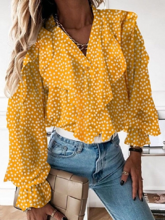 Kobiety Ditsy Floral Printed Dekolt W Serek Falbany Rękawy Casual Bluzki