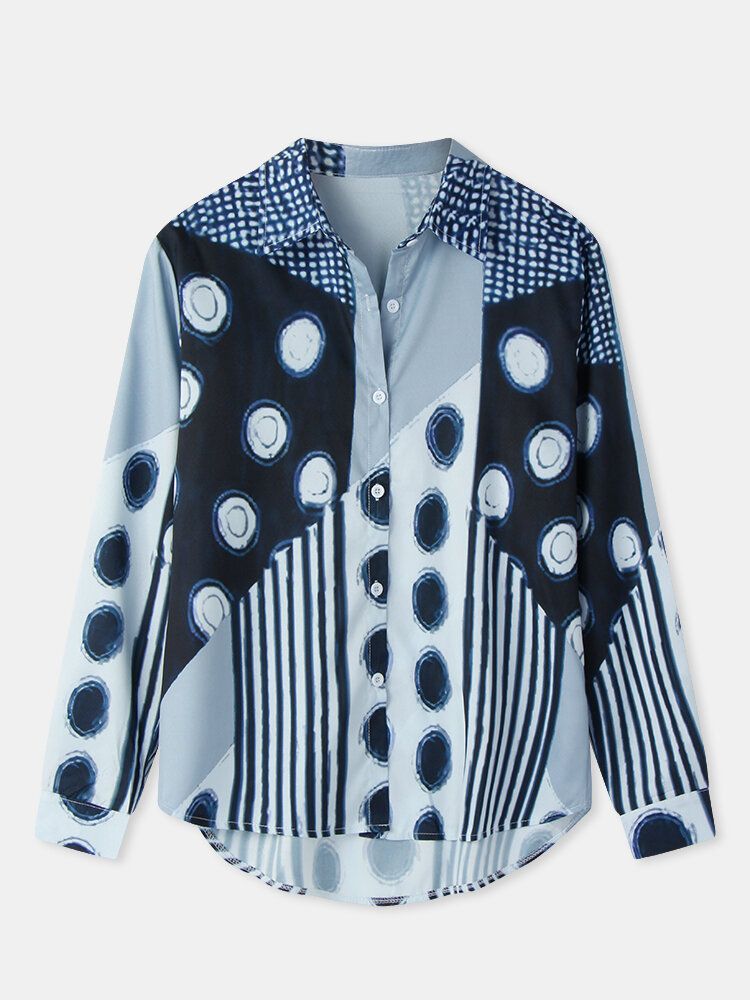 Kobiety Mieszane Polka Dot Drukowane Patchwork Z Długim Rękawem Lapel Casual Stylowa Bluzka