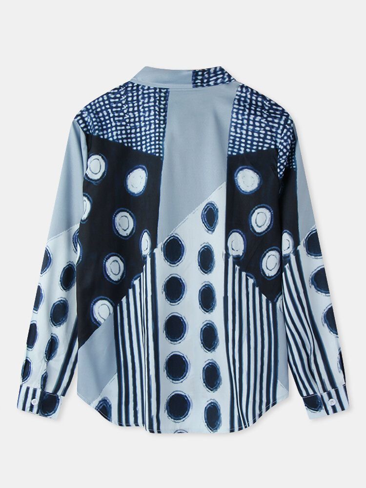 Kobiety Mieszane Polka Dot Drukowane Patchwork Z Długim Rękawem Lapel Casual Stylowa Bluzka