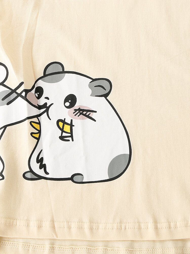 Kobiety Bawełna Cartoon Zwierząt Drukuj Raglan Rękaw Sweter Elastyczny Pas Domowy Zestaw Piżamy Z Kieszeni